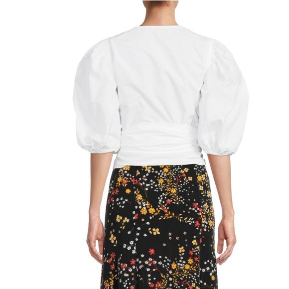 Ganni Puff Sleeve Wrap Top Women Size 40 US 10 Bright White Poplin V-Neck Cotton - Picture 2 of 10